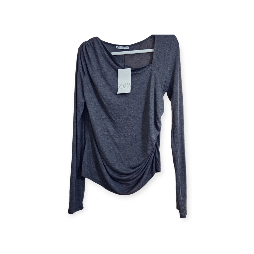 Zara Asymmetrical Neck Long Sleeve Charcoal Gray Top Ruched Detail Large NWT